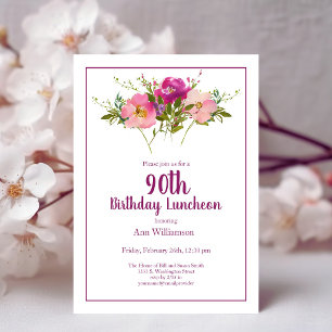 Convites Pink Watercolor Floral 90 Aniversário