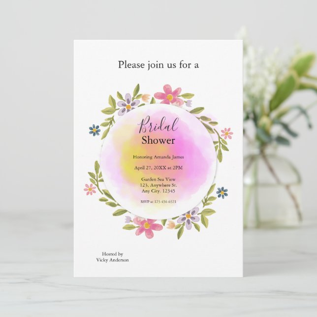 Convites Pink Watercolor Floral Bridal Shower (Em pé/Frente)