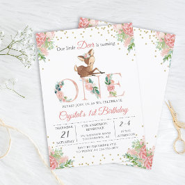 Convites Pink Watercolor Floral Little Deer Primeiro Aniver