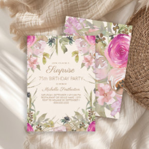 Convites Pink Watercolor Floral Surpresa 75.º Aniversário
