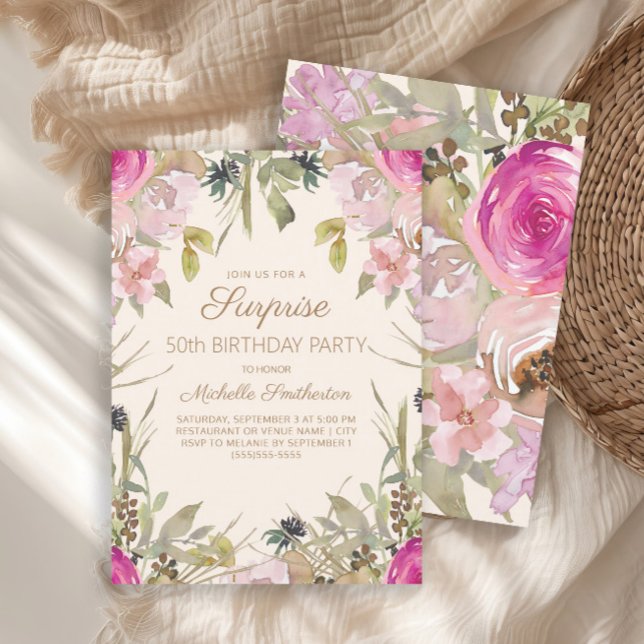 Convites Pink Watercolor Floral Surprise 50th Birthday (Elegant pink watercolor floral and sage green leaves surprise 50th birthday party invitation)
