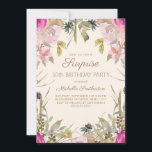 Convites Pink Watercolor Floral Surprise 50th Birthday<br><div class="desc">Bonito e feminina cor-de-água rosa e púrpura floral com folhas verdes sábias no convite de aniversário Surpresa 50º. Entre em contato conosco para obter ajuda com a personalização ou para solicitar produtos correspondentes.</div>
