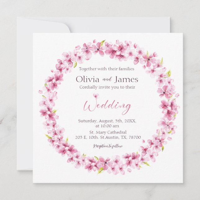 Convites Pink Watercolor Flowers Wreath Wedding Invitation (Frente)