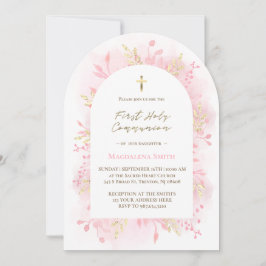 Convites pink watercolor foliage First Holy Communion 