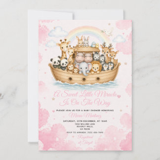 Convites Pink Watercolor Noah's Ark Baby Shower