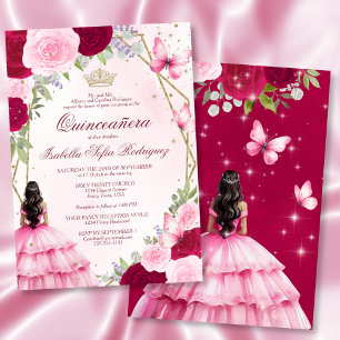 Convites Pink Watercolor Princesa Black Hair Quinceanera