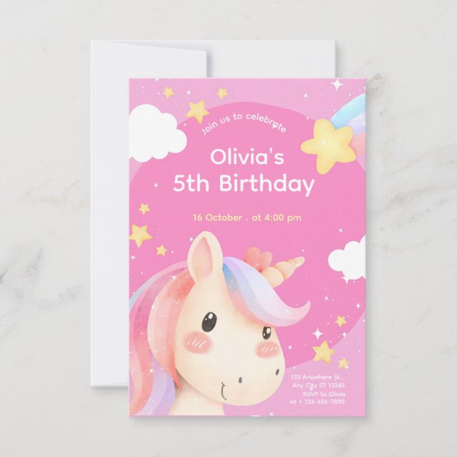Convites Pink Watercolor Unicorn Birthday (Frente)