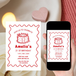 Convites Pink Wavy Birthday hand drawn cake