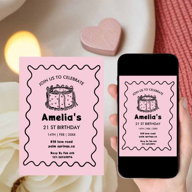 Convites Pink Wavy Birthday hand drawn cake (Criador carregado)