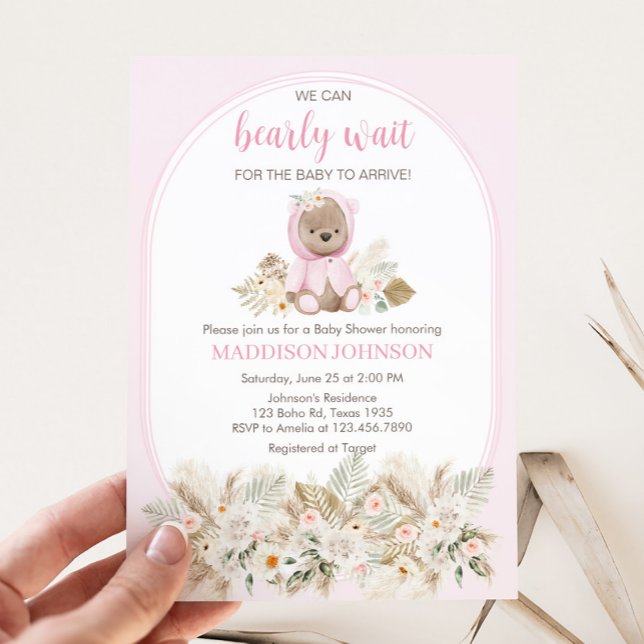 Convites Pink We Can Bearly Wait Baby Shower  (Girl We Can Bearly Wait Baby Shower Invitation)