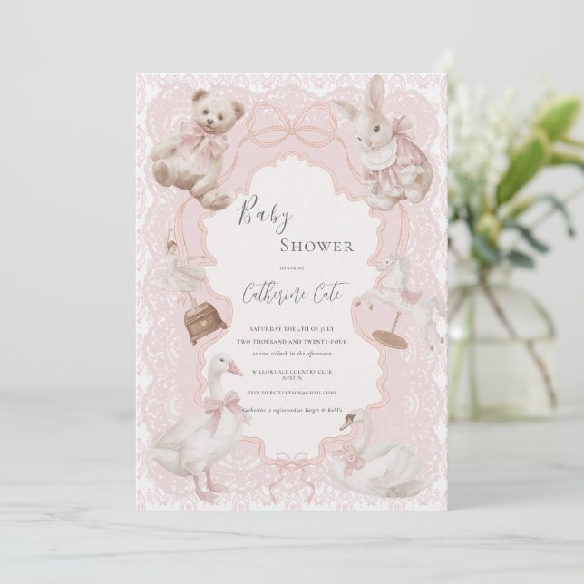 Convites Pink Whimsical Elegant Vintage Baby Shower (Em pé/Frente)