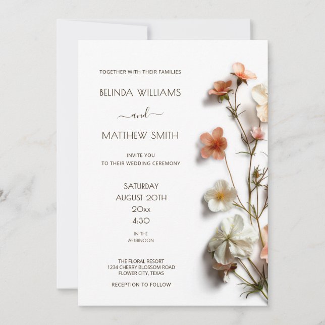 Convites Pink White 3D Wildflowers Simple (Frente)