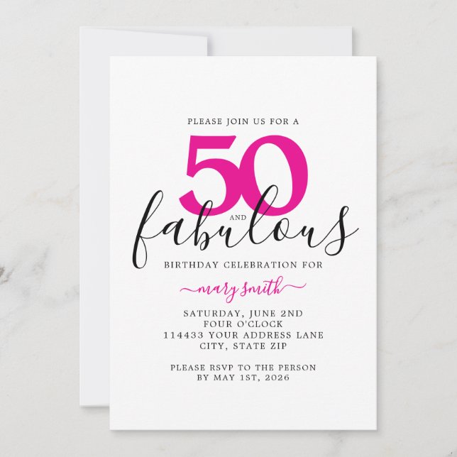 Convites Pink White Fifty and Fabulous 50th Birthday Party (Frente)
