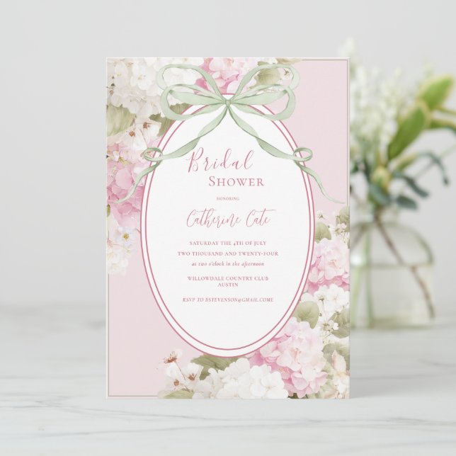 Convites Pink White Hydrangeas Sage Green Bridal Shower (Em pé/Frente)