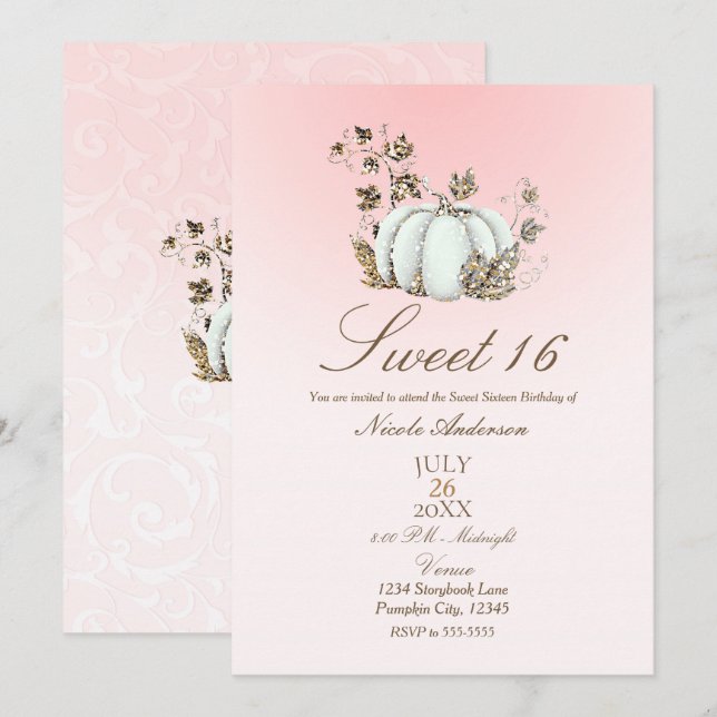 Convites Pink White Pumpkin Fada Conto de Fadas Doce 16 (Frente/Verso)