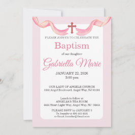 Convites Pink & White Ribbon Cross Watercolor Baptism