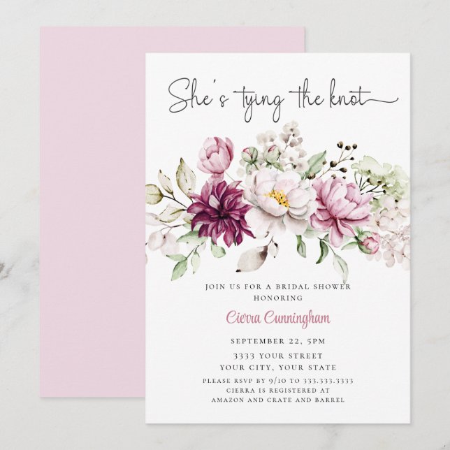 Convites Pink White She's Tying the Knot  Floral Bridal  (Frente/Verso)