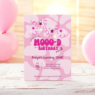 Convites Pink Who's in the MOOO-D Cow Print 1st Birthday