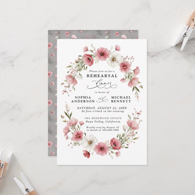 Convites Pink Wild Flowers Wedding Rehearsal Dinner (Frente/Verso In Situ)