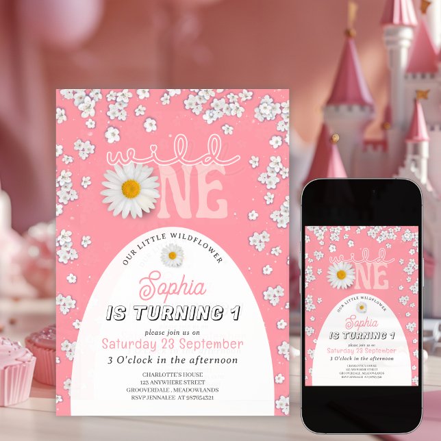 Convites Pink Wild One Daisy 1st Birthday Invitation (Criador carregado)