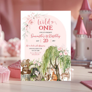Convites Pink Wild One Woodland Girl Primeiro Aniversário