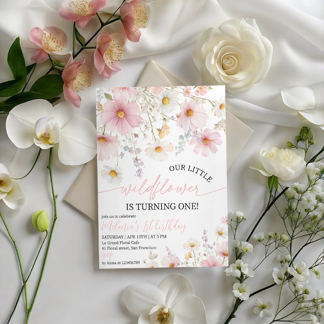 Convites Pink Wildflower 1st Birthday Invitation (Criador carregado)