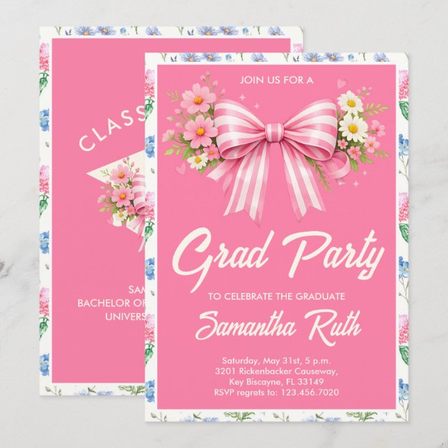 Convites Pink Wildflower Bow Graduation Party  (Frente/Verso)