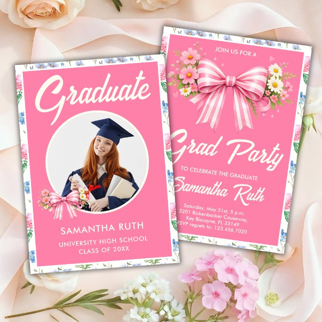 Convites Pink Wildflower Bow Photo Graduation Party (Criador carregado)
