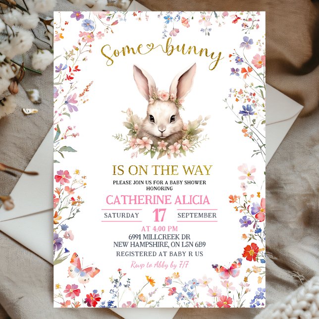 Convites Pink Wildflower Bunny Baby Shower (Criador carregado)