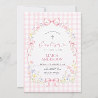 Convites Pink WILDFLOWER Gingham Floral Baptism Invitation