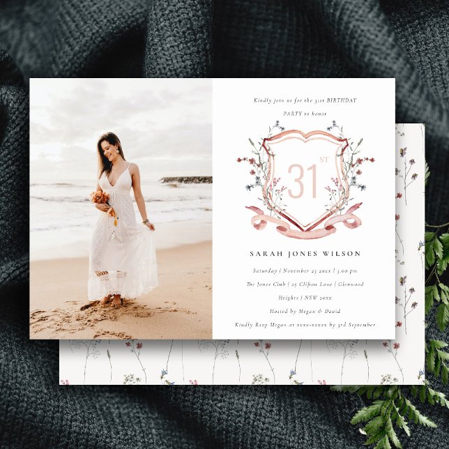 Convites Pink Wildflower Monograma Foto de Crest Aniversári (Criador carregado)