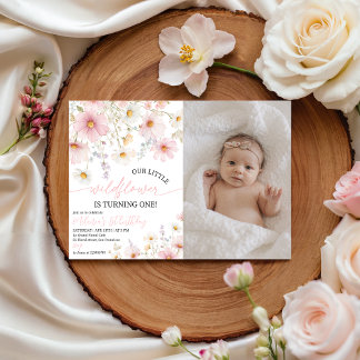 Convites Pink Wildflower Photo 1st Birthday Invite
