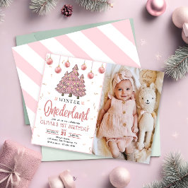 Convites Pink Winter Onederland Árvores de Natal Aniversári
