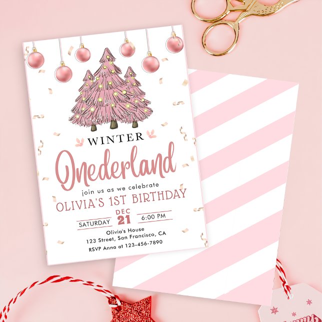 Convites Pink Winter Onederland Árvores de Natal Aniversári (Criador carregado)
