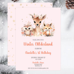 Convites Pink Winter Onederland Woodland Birday