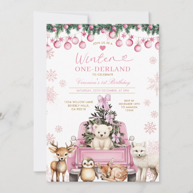 Convites Pink Winter Truck Onederland 1st Birthday Animals (Frente)