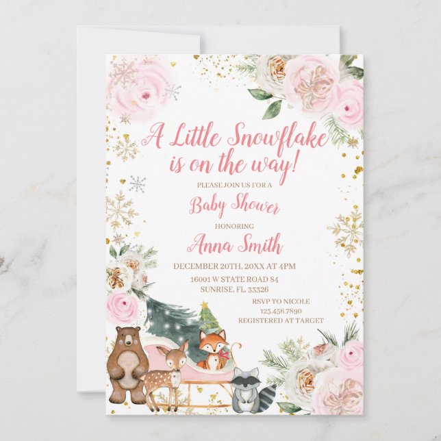 Convites PINK Winter Um pequeno floco de neve está a caminh (Frente)