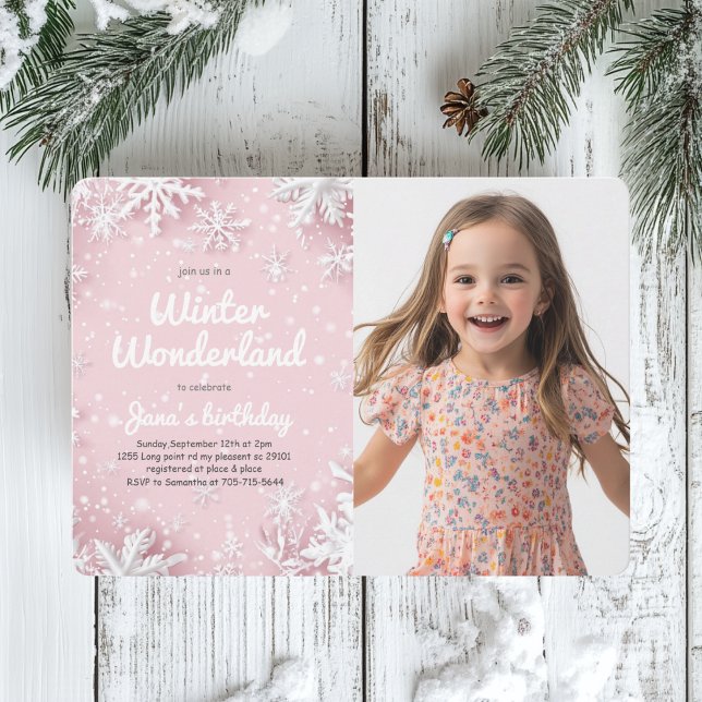 Convites Pink Winter Wonderland Snowflake Foto do Pastel (Criador carregado)