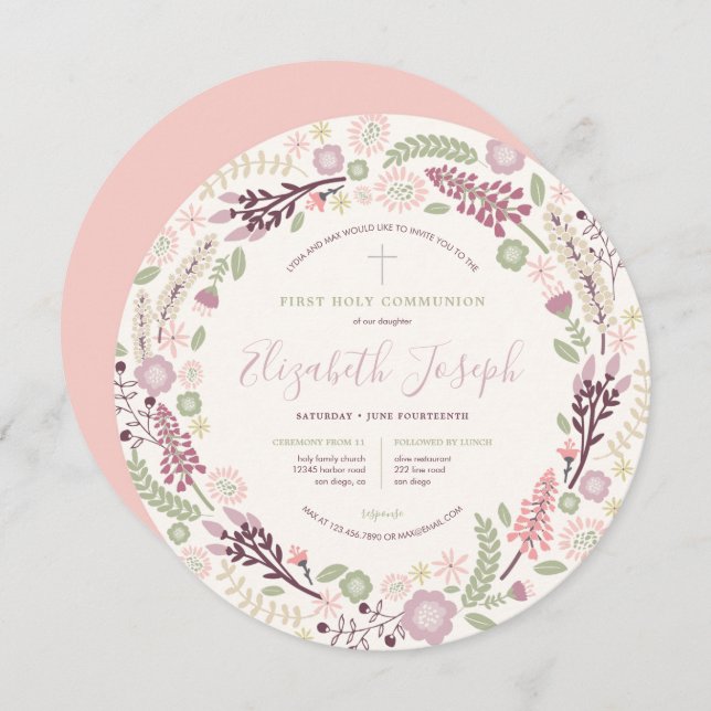 Convites Pink Wreath First Santa Comunhão (Frente/Verso)