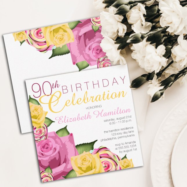Convites Pink | Yellow Floral 90th Birthday Celebration (Criador carregado)
