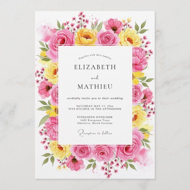 Convites Pink Yellow Floral Whimsy Wedding (Frente)