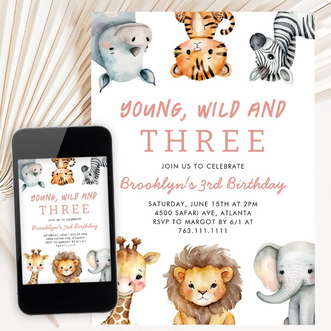 Convites Pink Young Wild and Three Safari Birthday Party (Criador carregado)