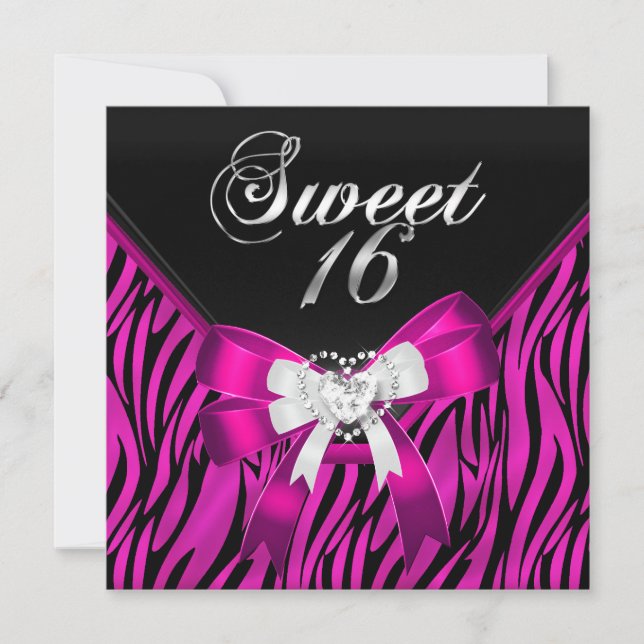 Convites Pink Zebra Preto Aniversário de Dezesseis Aniversá (Frente)
