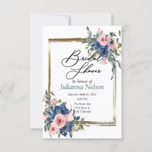 Convites Pinke e azul floral aquarela com moldura dourada i