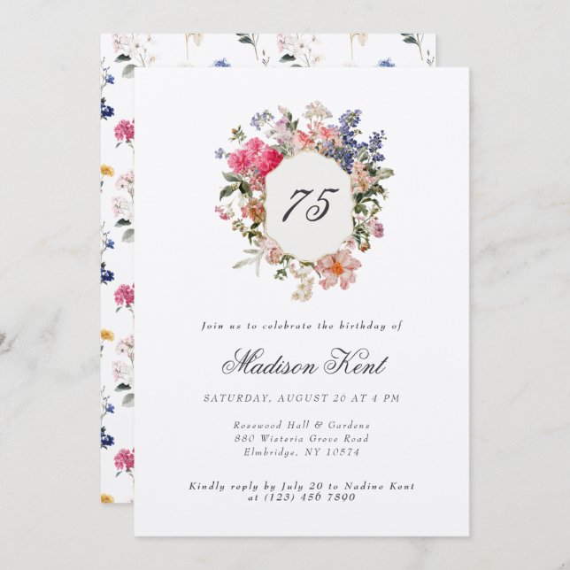 Convites Pintado com apoio Floral 75ª Festa de aniversário (Frente/Verso)