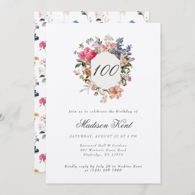 Convites Pintado - Festa de aniversário Floral 100ª (Frente/Verso)