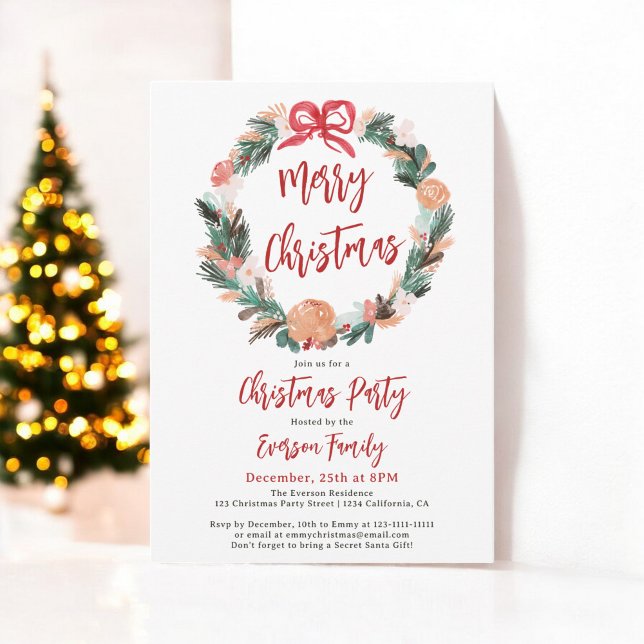 Convites Pintado Pintado Pintado com Aquarela Floral (Hand Painted Floral Watercolor Wreath Christmas Invitation)
