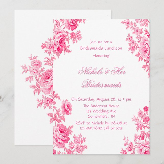 Convites Pintage Pink Toile Flower Bridesmaids Luncheids (Frente/Verso)