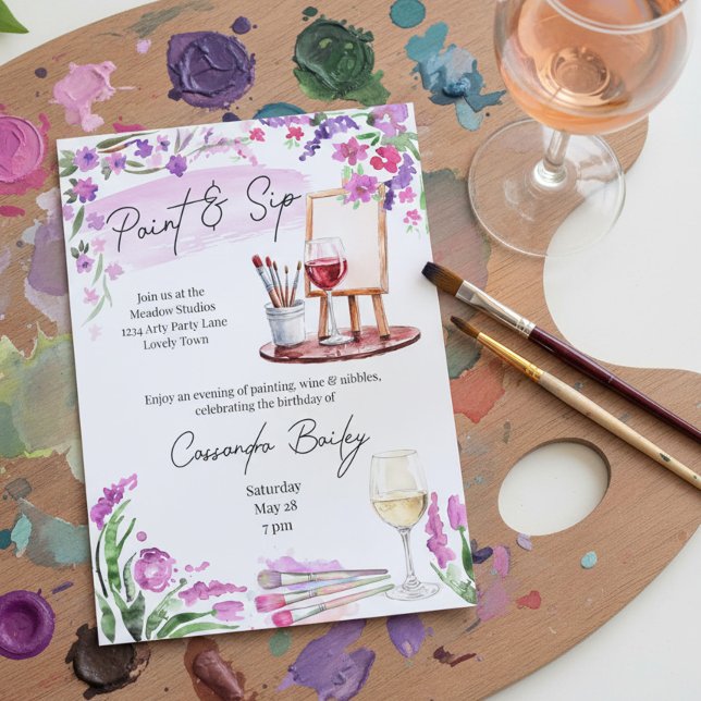 Convites Pinte e Beba Vinho e Cavalete de Arte Festa de Ani (Paint & Sip birthday party invitation - or edit for arty bridal shower, bachelorette event etc)