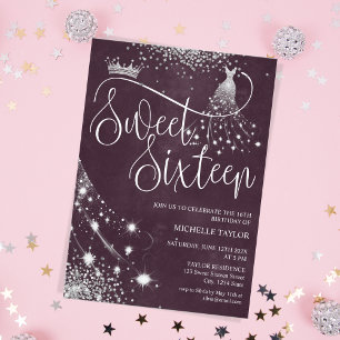 Convites Pintinho Moderno Burgundy Silver Glitter Sweet 16